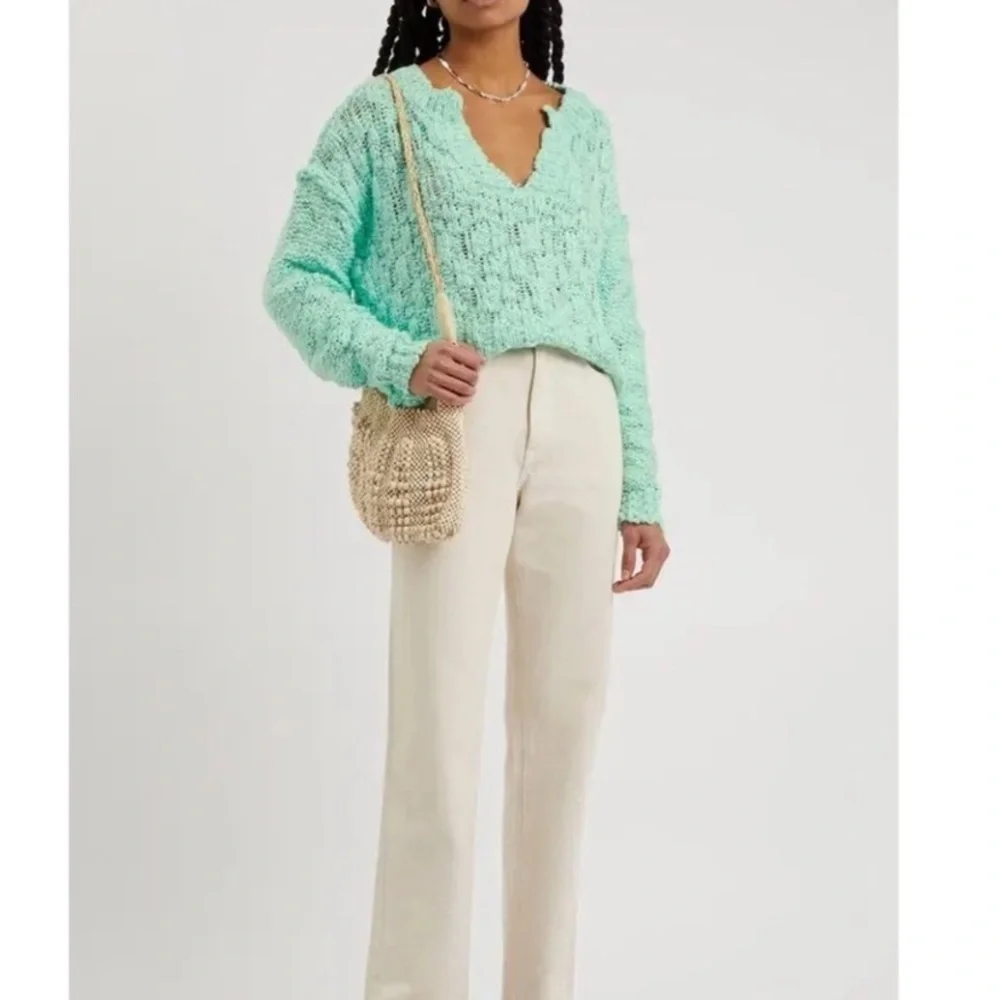 Free People Josephine Cotton Knit  V-Neck Long Sleeve Pullover Sweater Mint NWOT